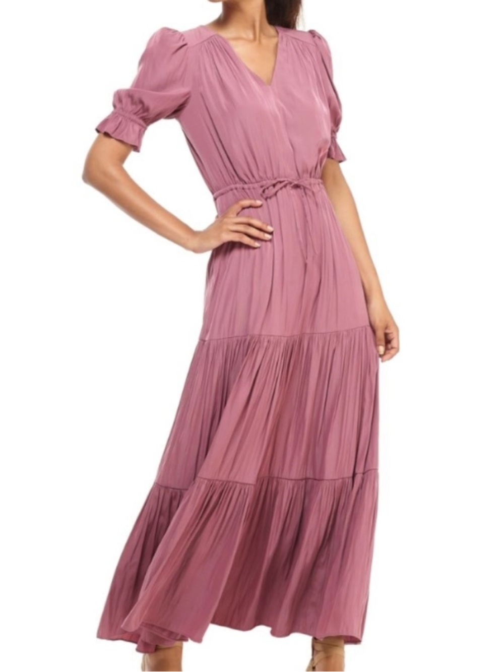 Gal Meets Glam Dahlia Mauve V-Neck Tiered Maxi Dress